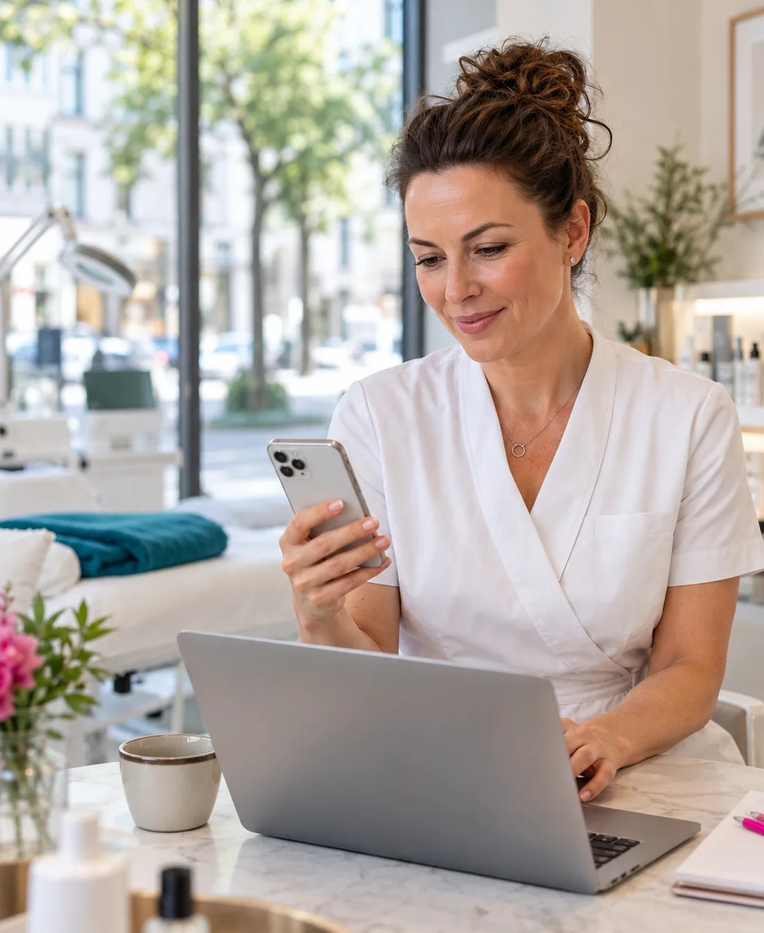 Kosmetikerin arbeitet mit Smartphone und Laptop an der regionalen Sichtbarkeit ihres Beauty-Business.